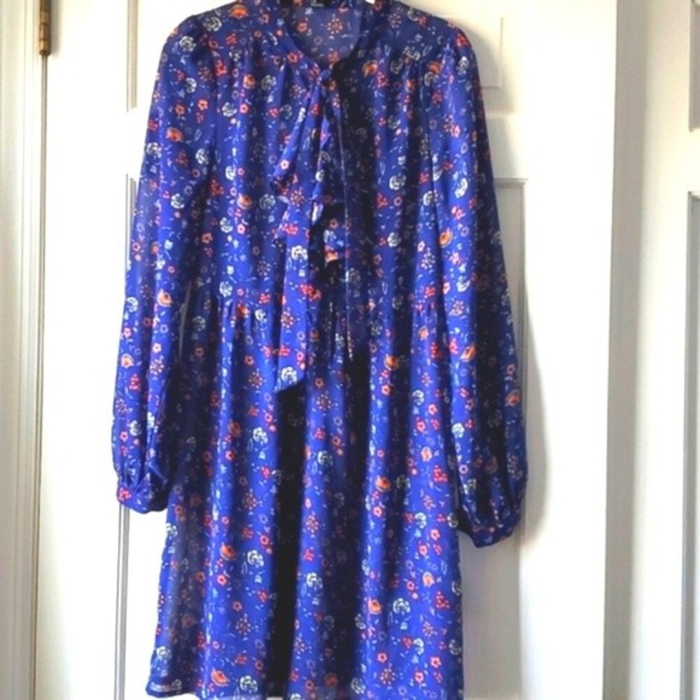 FOREVER 21 Blue floral dress boho cottage prairie puff sleeve ruffle large sheer